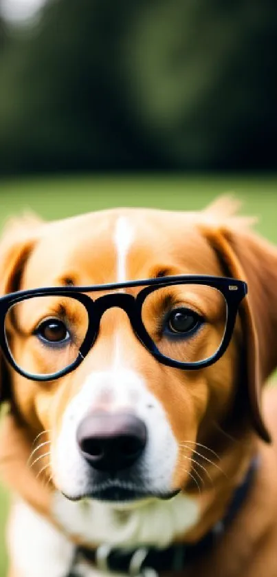 Adorable dog in glasses with green background for mobile wallpaper.