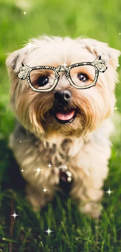 Adorable dog wearing glasses on a vibrant green grass backdrop.