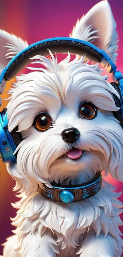 Cute white dog wearing blue headphones on a colorful background.