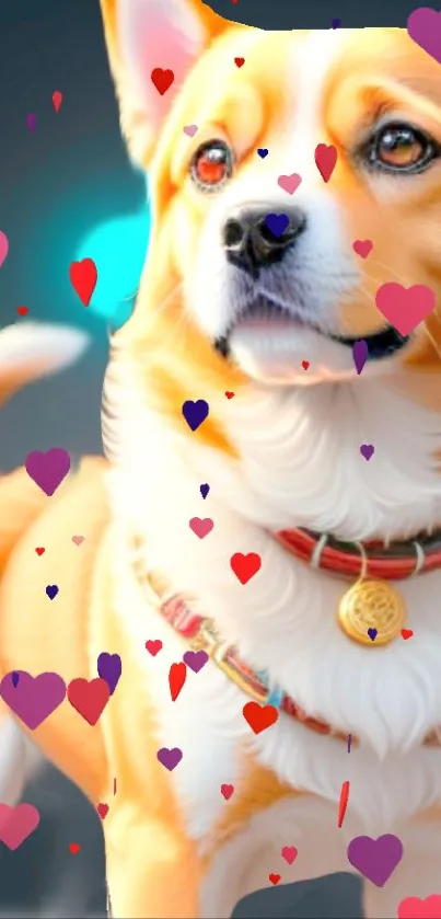 Adorable dog surrounded by colorful hearts on a vibrant background.