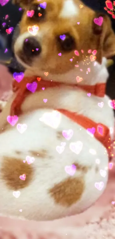 A cute dog surrounded by colorful heart shapes on a pink fluffy blanket.