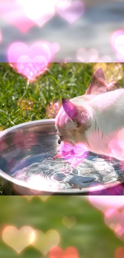 Cute dog drinking water with heart-shaped bokeh effect in the background.