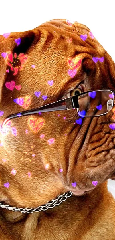 Cute dog wearing glasses with colorful heart effects on a white background.