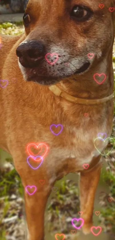 Adorable dog with colorful hearts background.