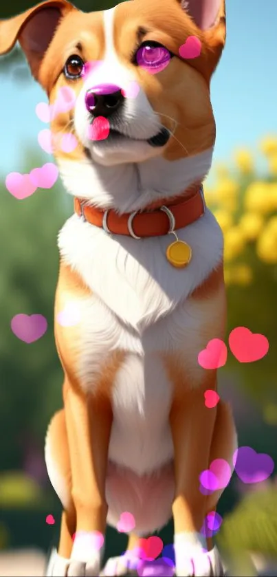 Animated dog with colorful hearts background.