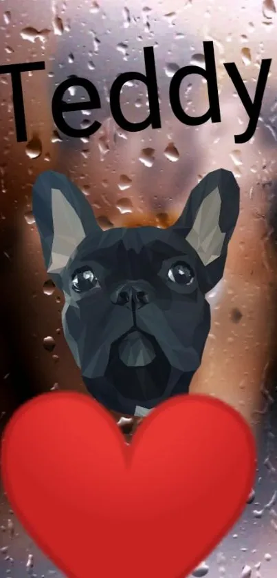 Cute dog with heart and rain background on mobile wallpaper.