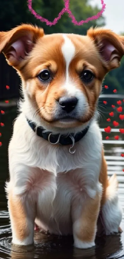 Adorable puppy in water with hearts background, perfect for mobile wallpaper.