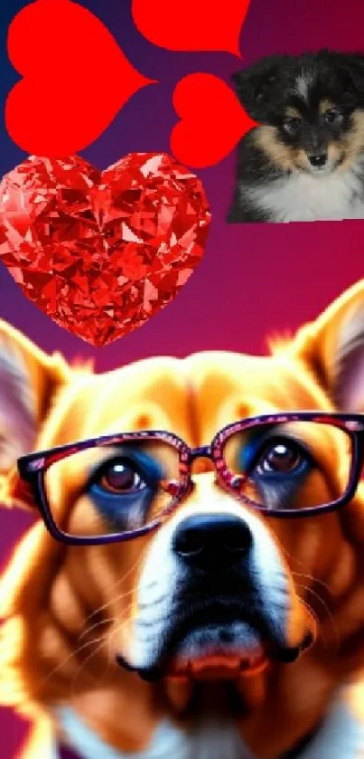 Cute dog with glasses and red hearts on a colorful mobile wallpaper.