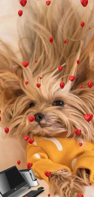 Cute dog in yellow sweater surrounded by red hearts.