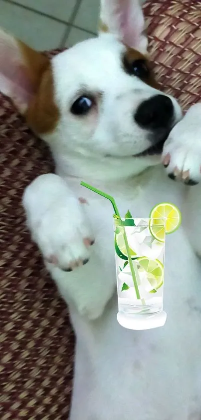 Playful dog with lemonade glass on a chair.