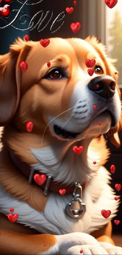 Cute dog with love message and heart design.