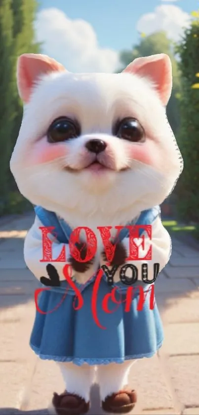 Adorable dog with 'Love You Mom' in a tranquil garden scene.