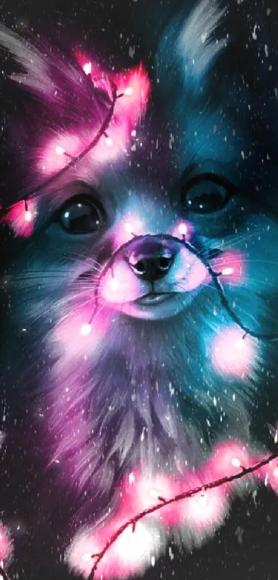 Cute dog with neon lights and dark background.