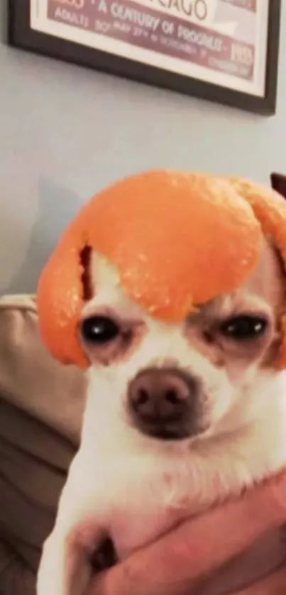 Chihuahua wearing an orange peel hat, looking funny.