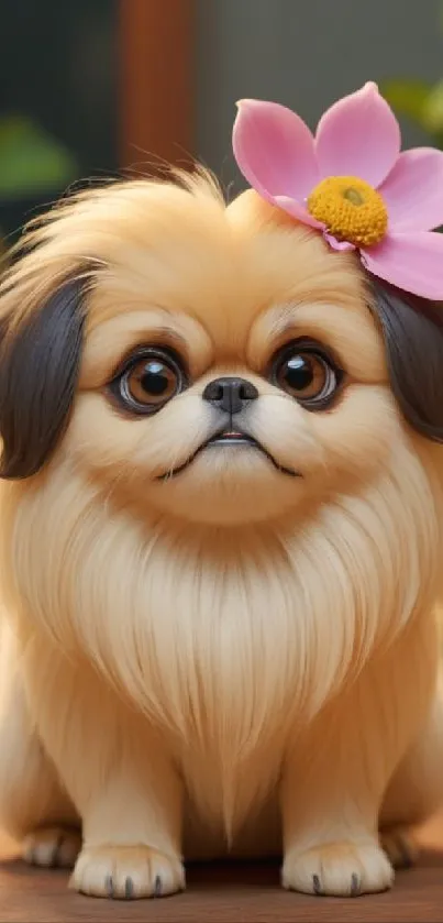 Adorable fluffy dog with a pink flower on its head, large eyes, and cream fur.