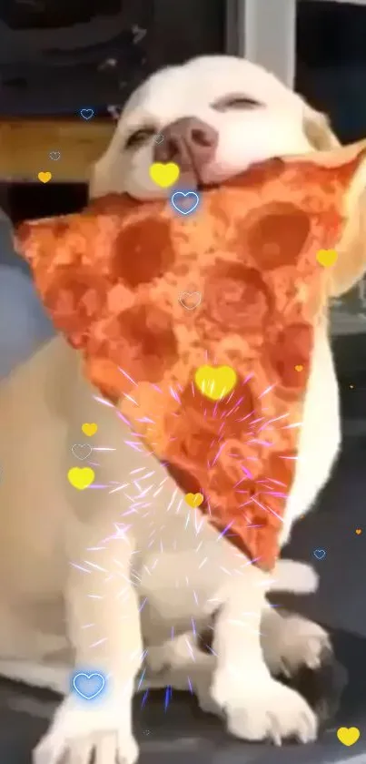 Adorable dog enjoying a slice of pizza with colorful hearts around.