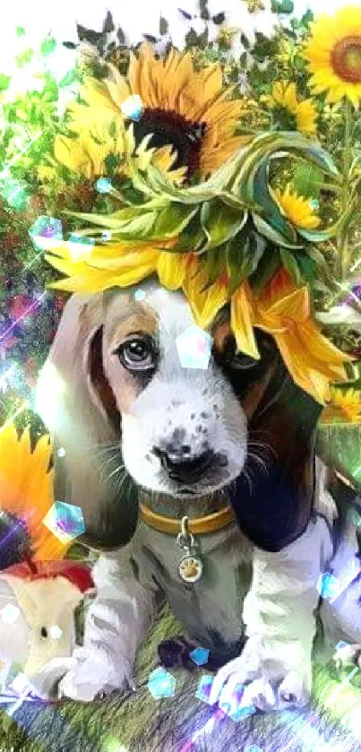 Cute basset hound with sunflowers in a vibrant, nature-inspired wallpaper.