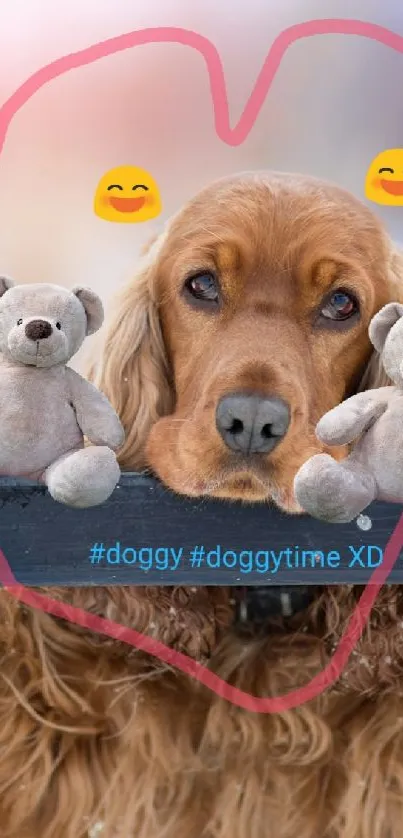 Playful golden dog with teddy bears in a heart frame on a blue gray background.