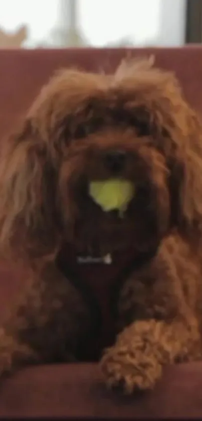 Fluffy brown dog with tennis ball on couch.