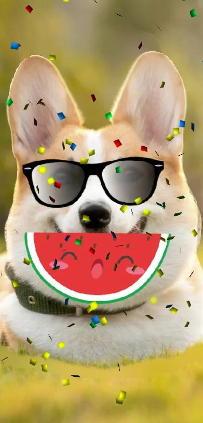 Dog with glasses and watermelon slice, surrounded by confetti.