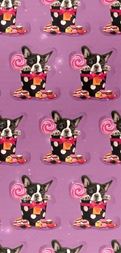 Cute dogs and candy theme on purple wallpaper.