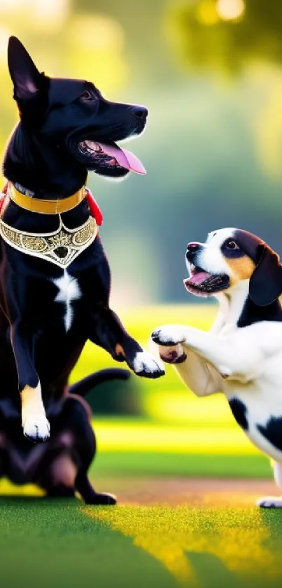 Playful dogs enjoying a sunny day in a park with lush green surroundings.