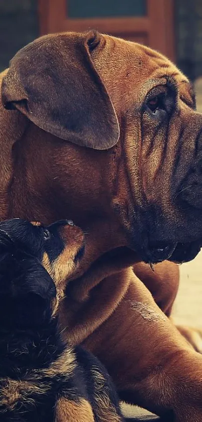 Adorable large and small dogs enjoying companionship on a cozy background.