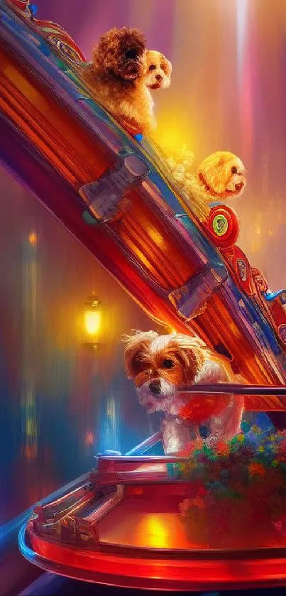 Adorable dogs enjoy a colorful ride in this vibrant phone wallpaper.