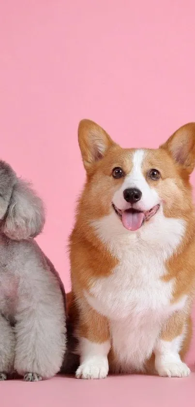 Adorable corgi and poodle on pink background.