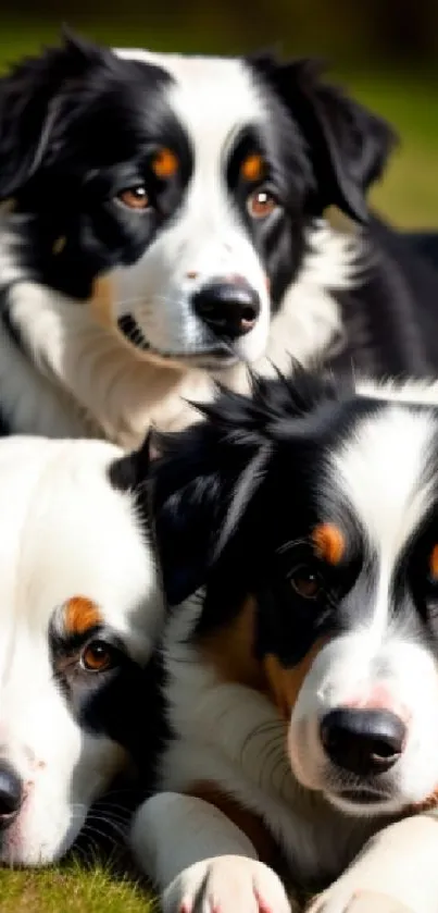 Trio of adorable dogs lying in grass.