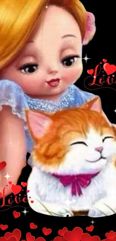 Cartoon doll with smiling cat and hearts design.