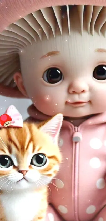 Adorable baby doll with big eyes and a kitten in a pink theme.