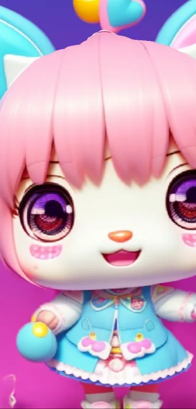 Adorable anime-inspired doll with pink hair and colorful outfit.