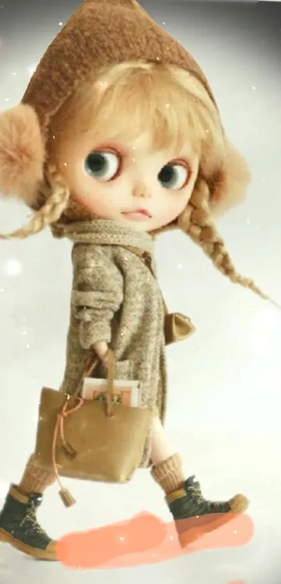 Cute doll in brown attire walking with a handbag.