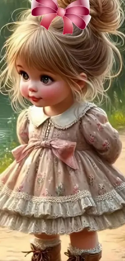 Adorable doll in a vintage dress by a tranquil lake with ducks.