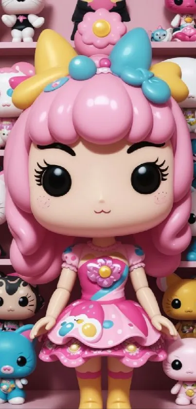 Cute pink doll with toy collection in the background.