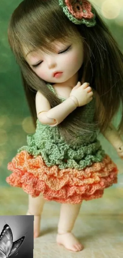 Cute doll in green and orange dress with floral accessory.