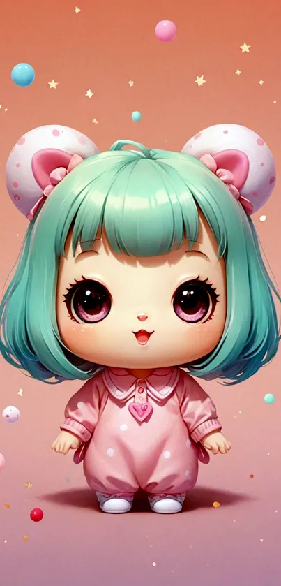 Cute mint-haired doll with pink outfit and a colorful background.