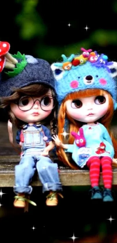 Doll friends sitting on a wooden bench in a forest setting.