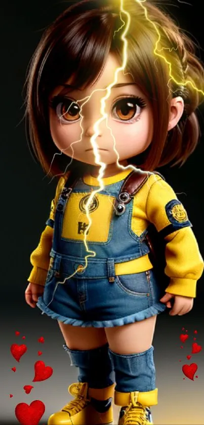 Cute doll with denim overalls and lightning in yellow theme.