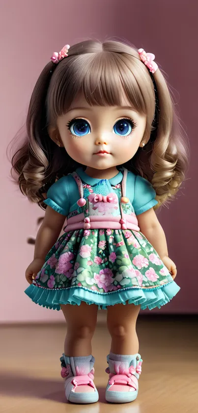 Cute doll with blue eyes in a floral dress, perfect mobile wallpaper.