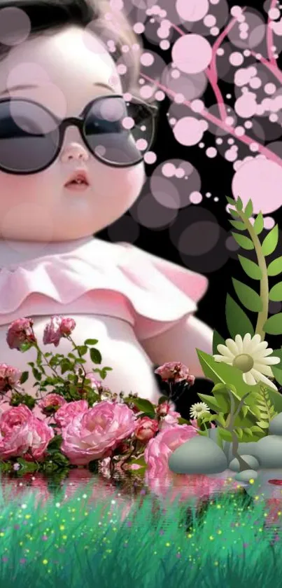 Cute doll in sunglasses surrounded by pink flowers.