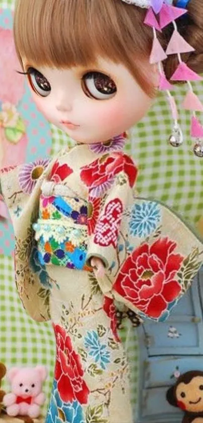 Cute doll in a colorful kimono with floral patterns.