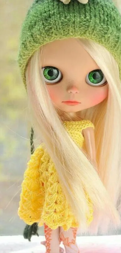Doll with green eyes and knitted outfit as a mobile wallpaper.