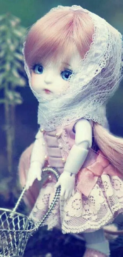 Cute doll in lace scarf with pastel colors.