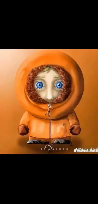 Quirky doll in an orange hoodie on a stylish wallpaper.