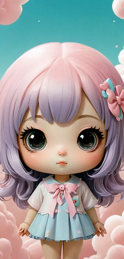 Cute doll with pastel hair in a pink cloud sky.