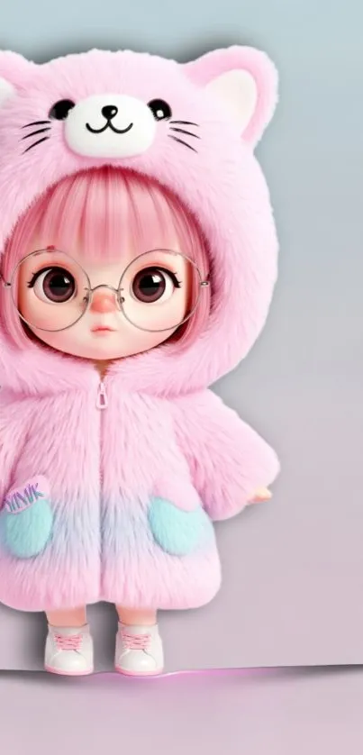 Adorable doll in pink cat-themed hoodie with glasses.