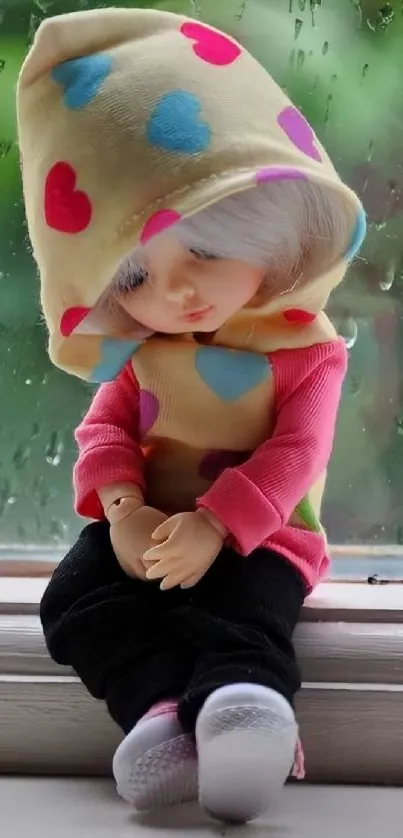 Adorable doll in heart-pattern hoodie by rainy window.