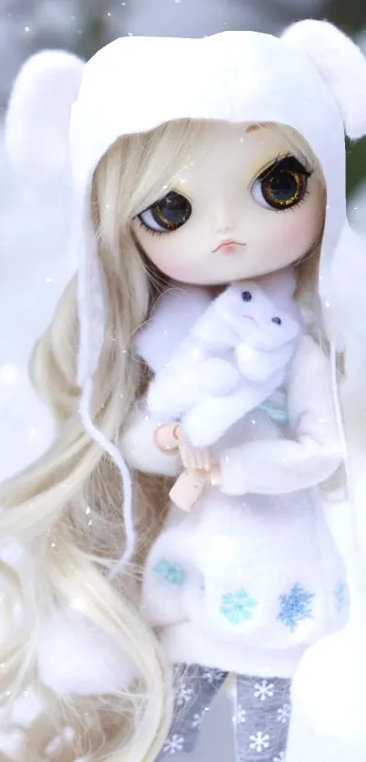 Cute winter-themed doll with a fluffy hat in the snow.